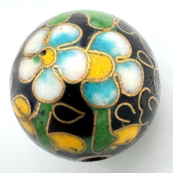 Cloisonne 5 Black Beads 14 MM Yellow Pink Green Flowers Cloisonne Beads 14 MM - Picture 8 of 8
